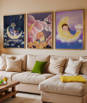 Triptyque d’art pour enfants sur le thème de la lune et des étoiles