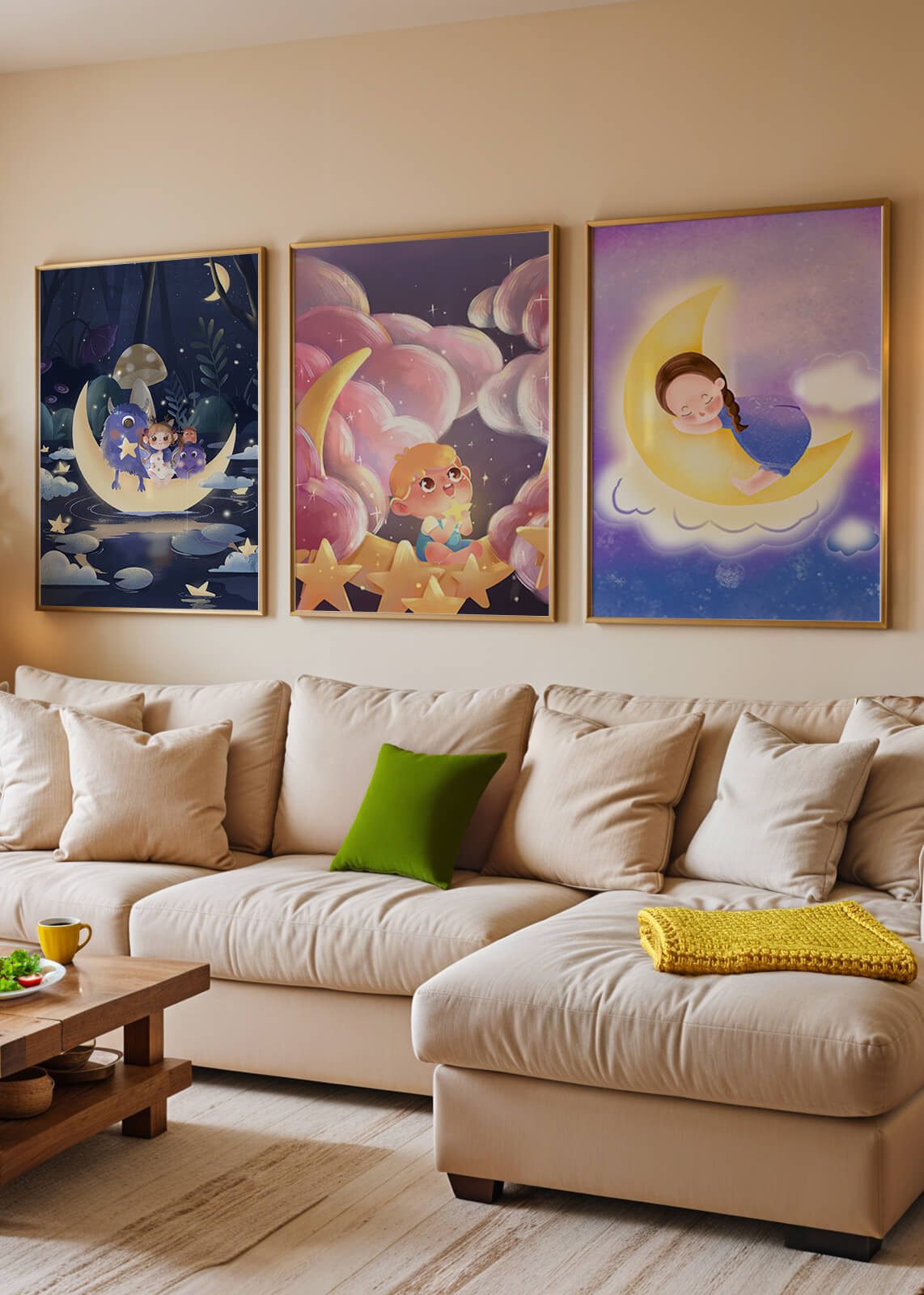 Tríptico de Arte Infantil con Temática de Luna y Estrellas