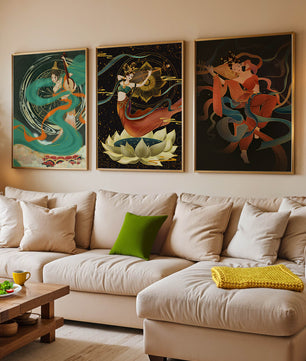 Ensemble d’affiches de style asiatique avec motifs floraux et dorés