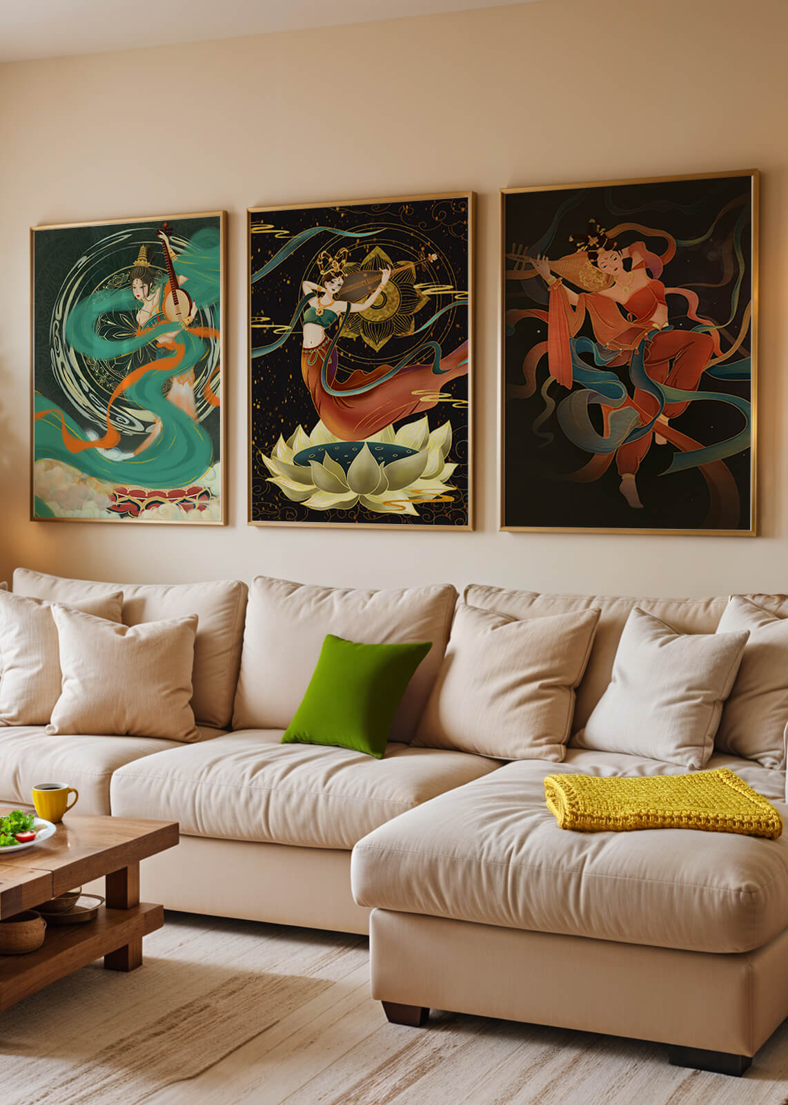 Ensemble d’affiches de style asiatique avec motifs floraux et dorés