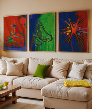 Conjunto de Tres Obras de Arte Abstracto con Elementos en Colores Vibrantes
