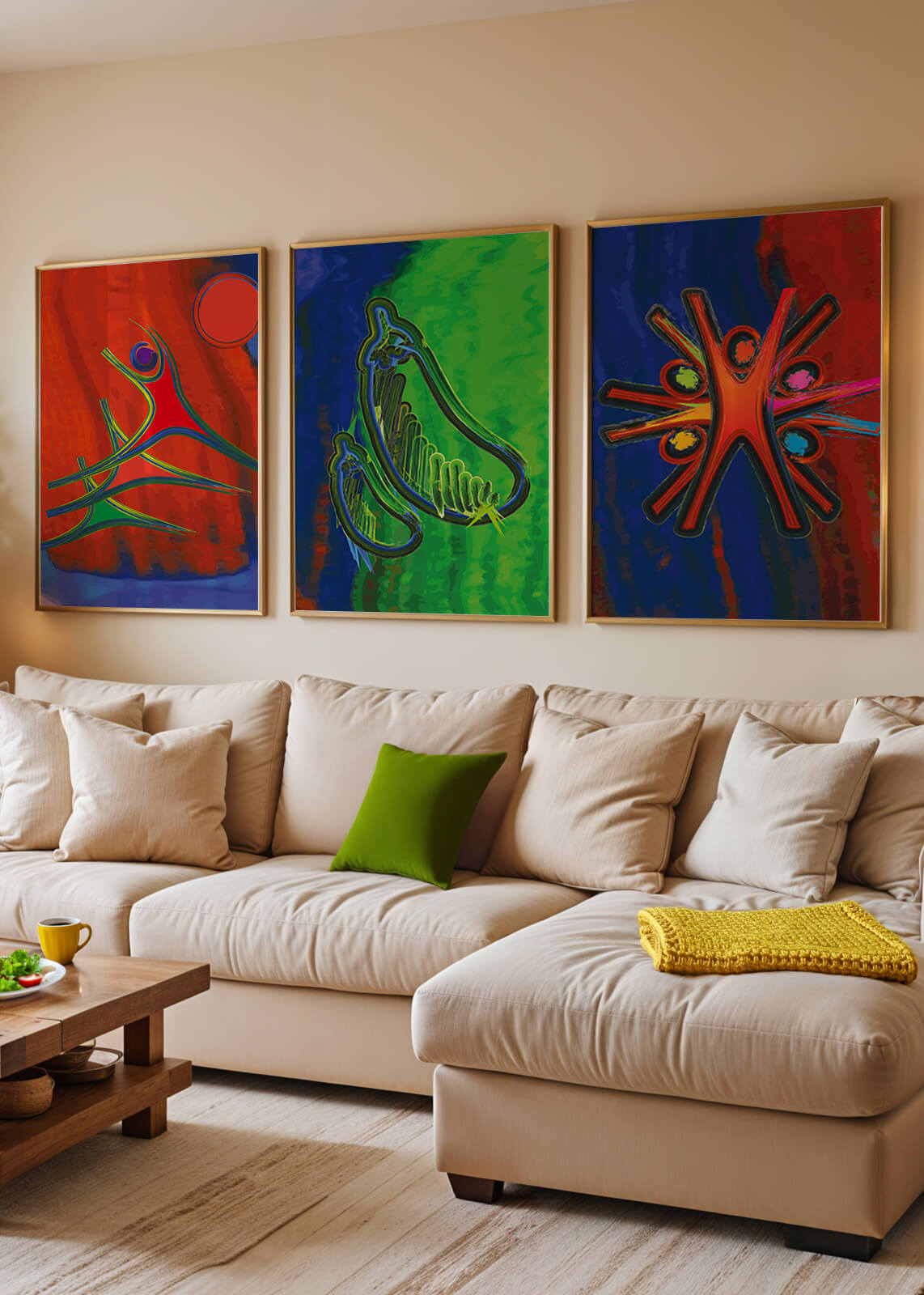 Conjunto de Tres Obras de Arte Abstracto con Elementos en Colores Vibrantes