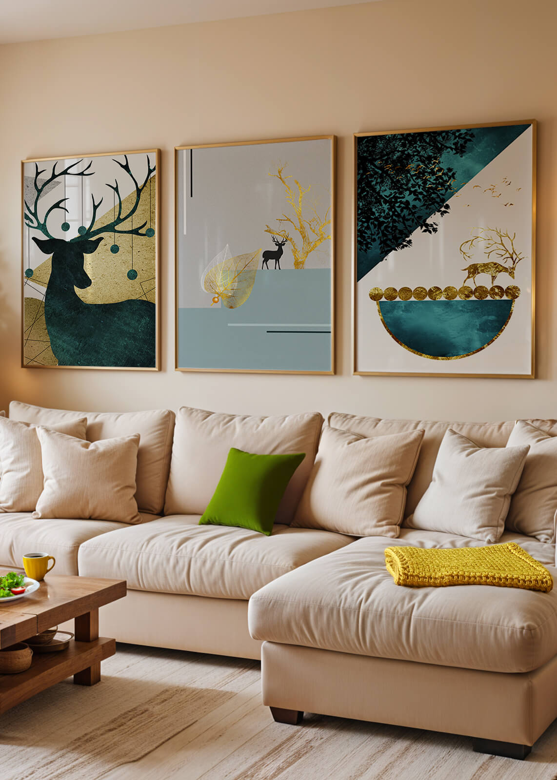 Conjunto De Tres Cuadros Modernos Con Motivo De Ciervos Y Acabado Dorado