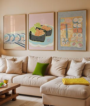 Ensemble de toiles avec illustrations de sushi sur fond pastel