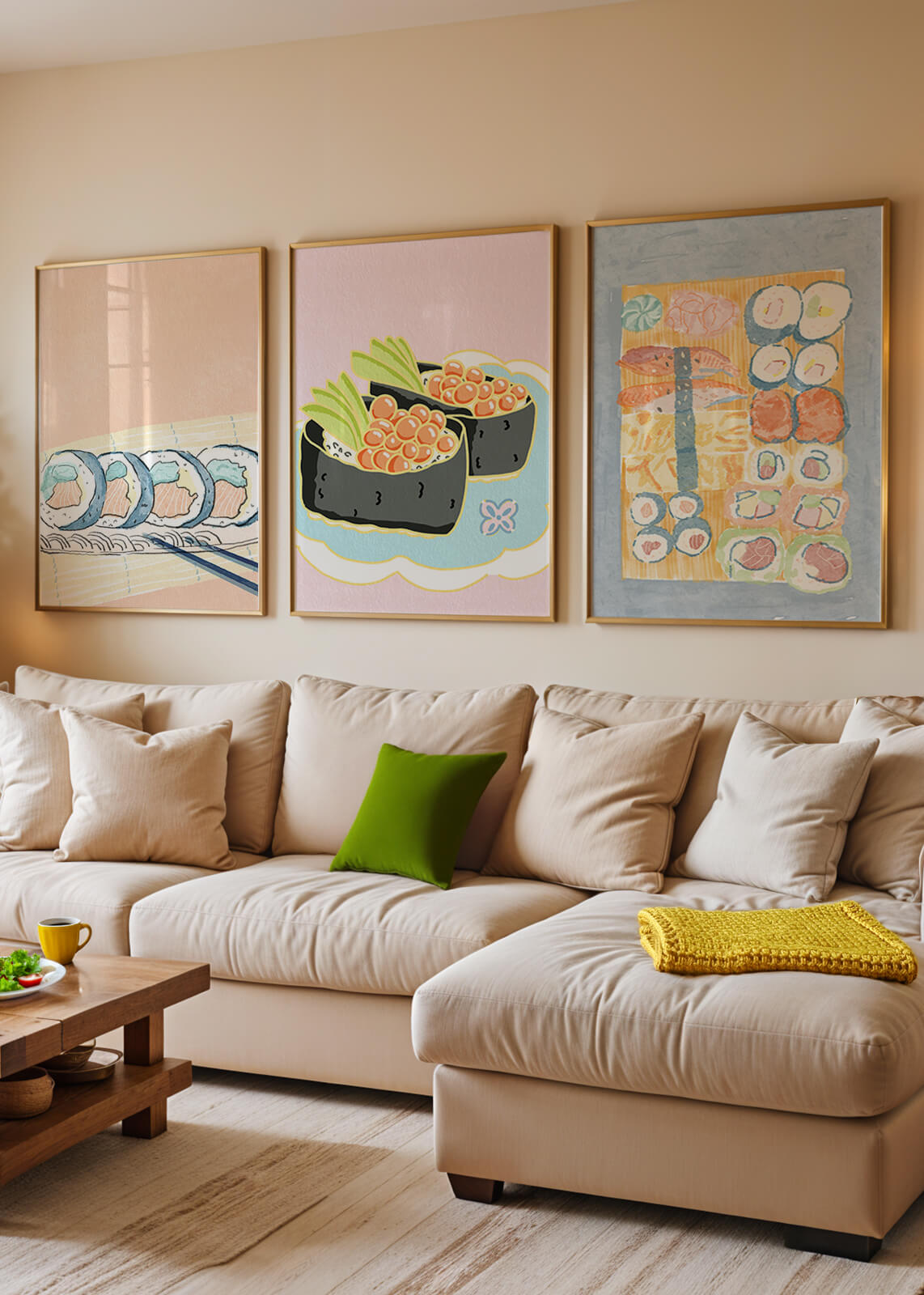 Conjunto de Lienzos con Ilustraciones de Sushi en Fondo Pastel