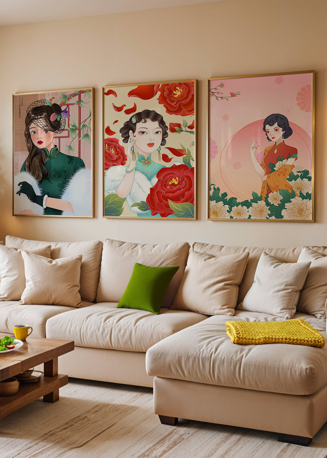 Conjunto De Impresiones Artísticas Inspiradas En Moda Asiática Con Elementos De Flores