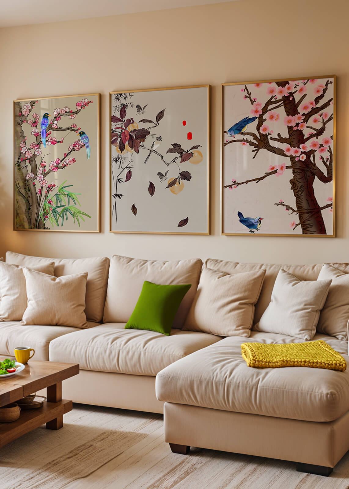 Dreier-Set mit Vogel- und Blumenmotiven im asiatischen Stil