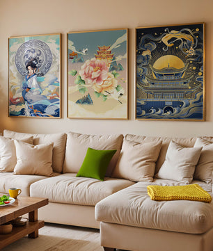 Triptyque d’Art Asiatique : Femme, Fleur et Pagode avec Éléments Dorés