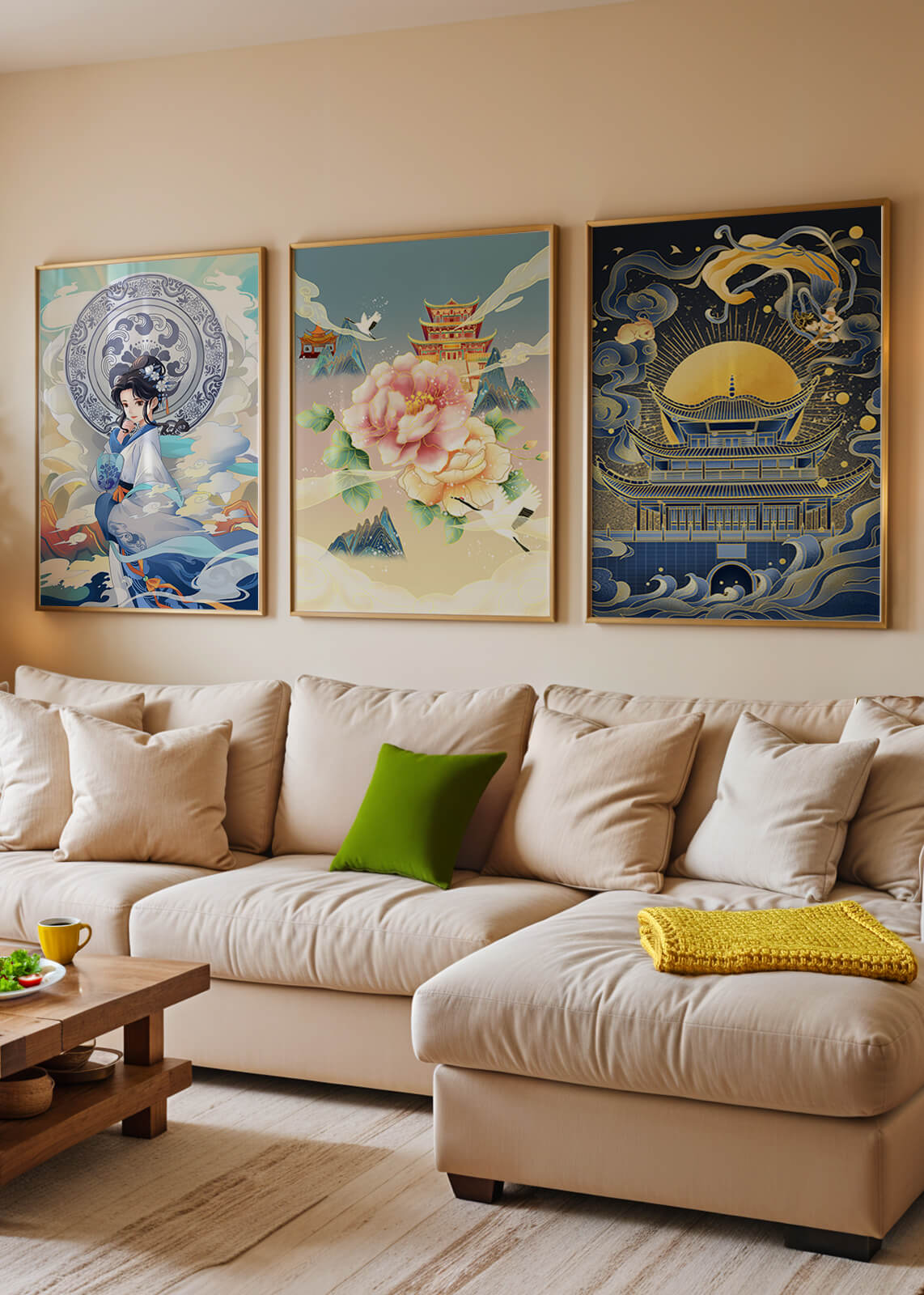 Triptyque d’Art Asiatique : Femme, Fleur et Pagode avec Éléments Dorés