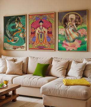 Conjunto de Tres Obras de Arte Oriental en Bloques de Madera