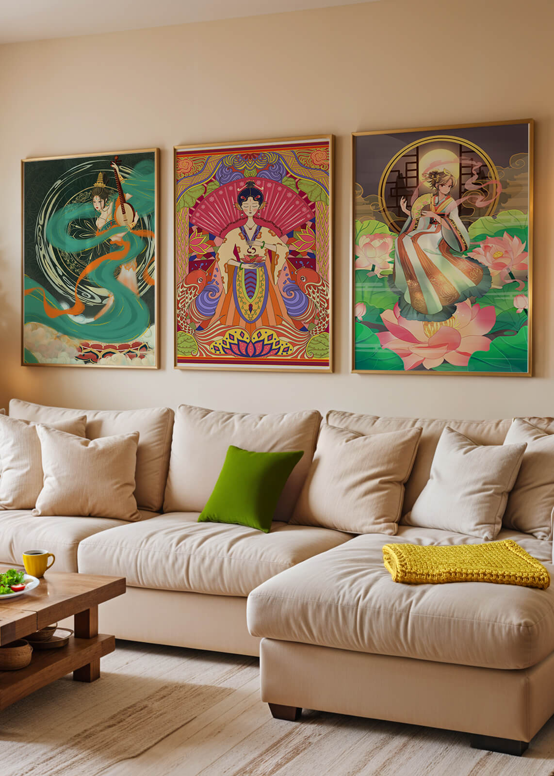 Conjunto de Tres Obras de Arte Oriental en Bloques de Madera