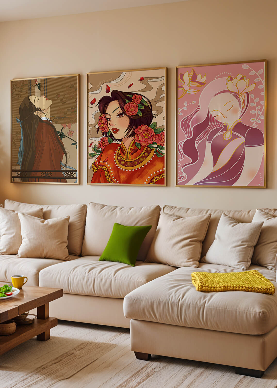 Conjunto de Ilustraciones de Estilo Asiático Presentadas Sin Marco en Fondo Claro