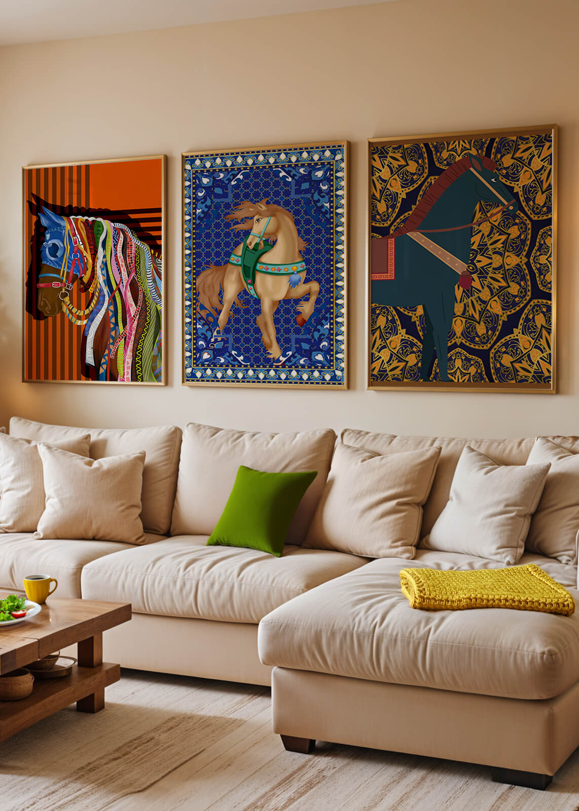 Mur avec trois tableaux de chevaux aux motifs colorés sans cadre