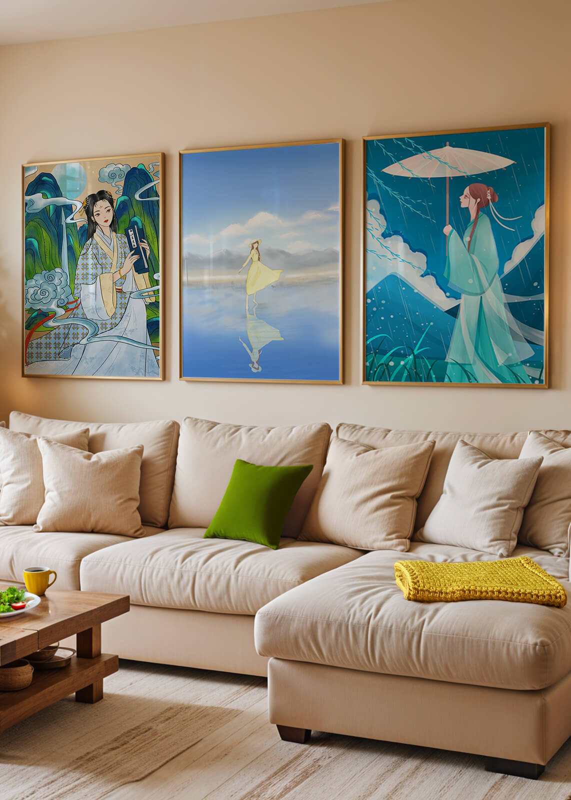 Decoración De Arte De Estilo Oriental Con Tres Obras