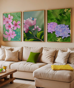 Ensemble de tableaux avec fleurs roses, papillon et hortensias