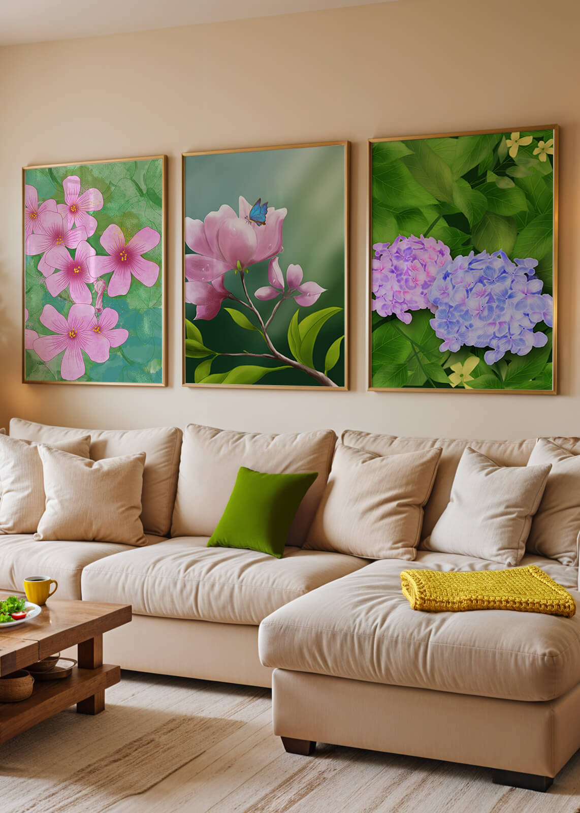 Ensemble de tableaux avec fleurs roses, papillon et hortensias