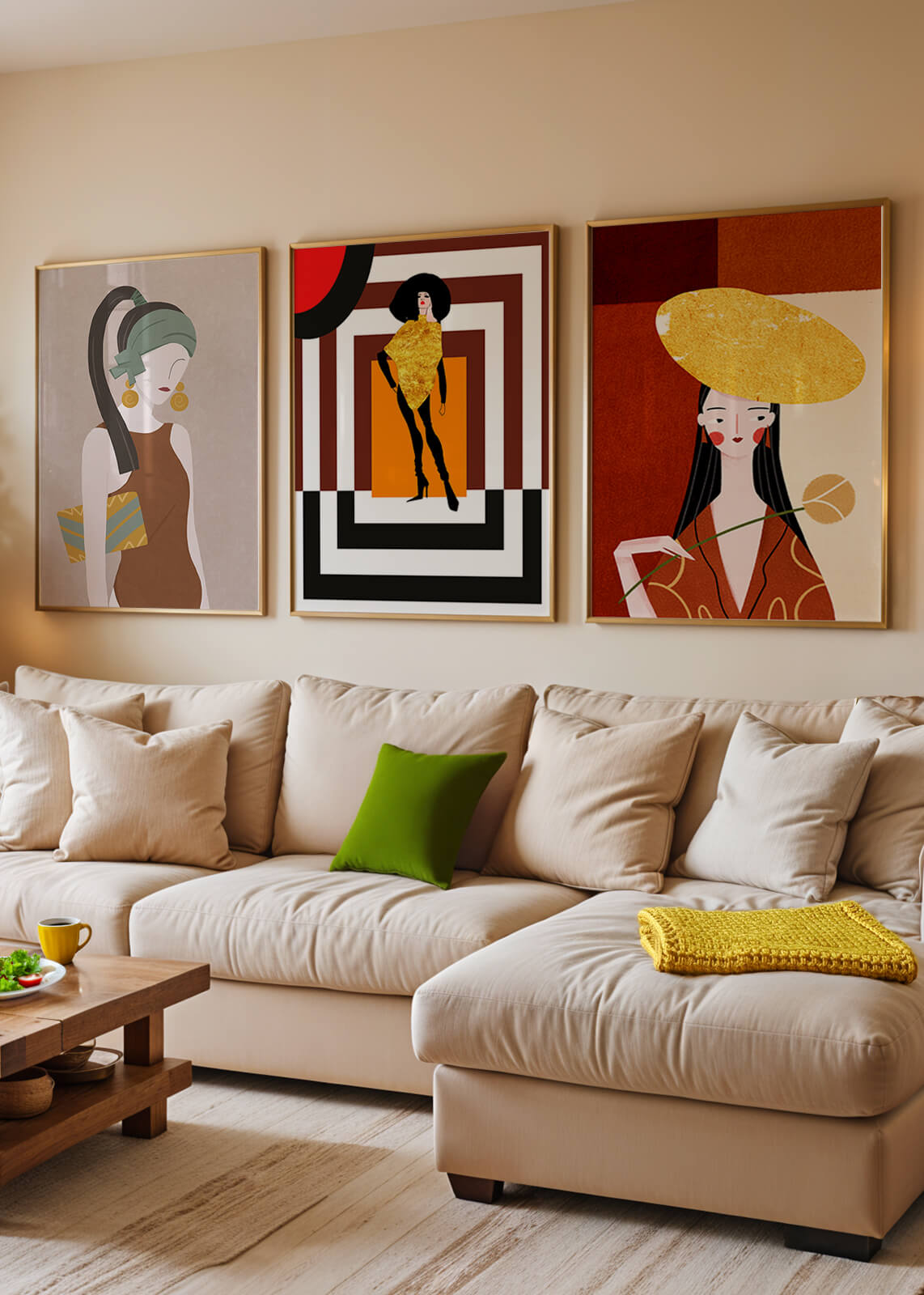 Conjunto De Ilustraciones Modernas Con Elementos Dorados En Pared Sin Marco