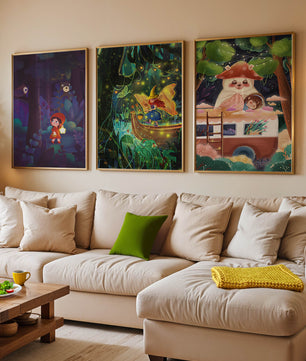 Triptyque d’illustrations fantastiques pour décoration enfantine