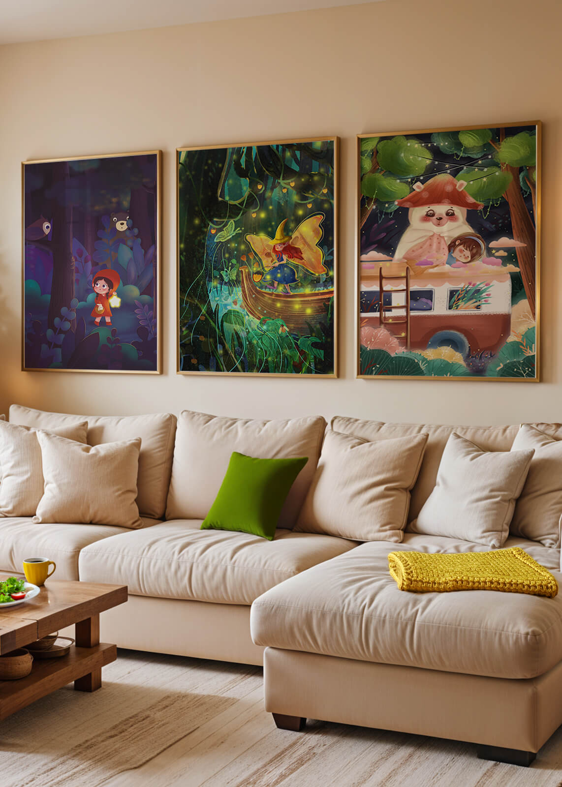 Triptyque d’illustrations fantastiques pour décoration enfantine
