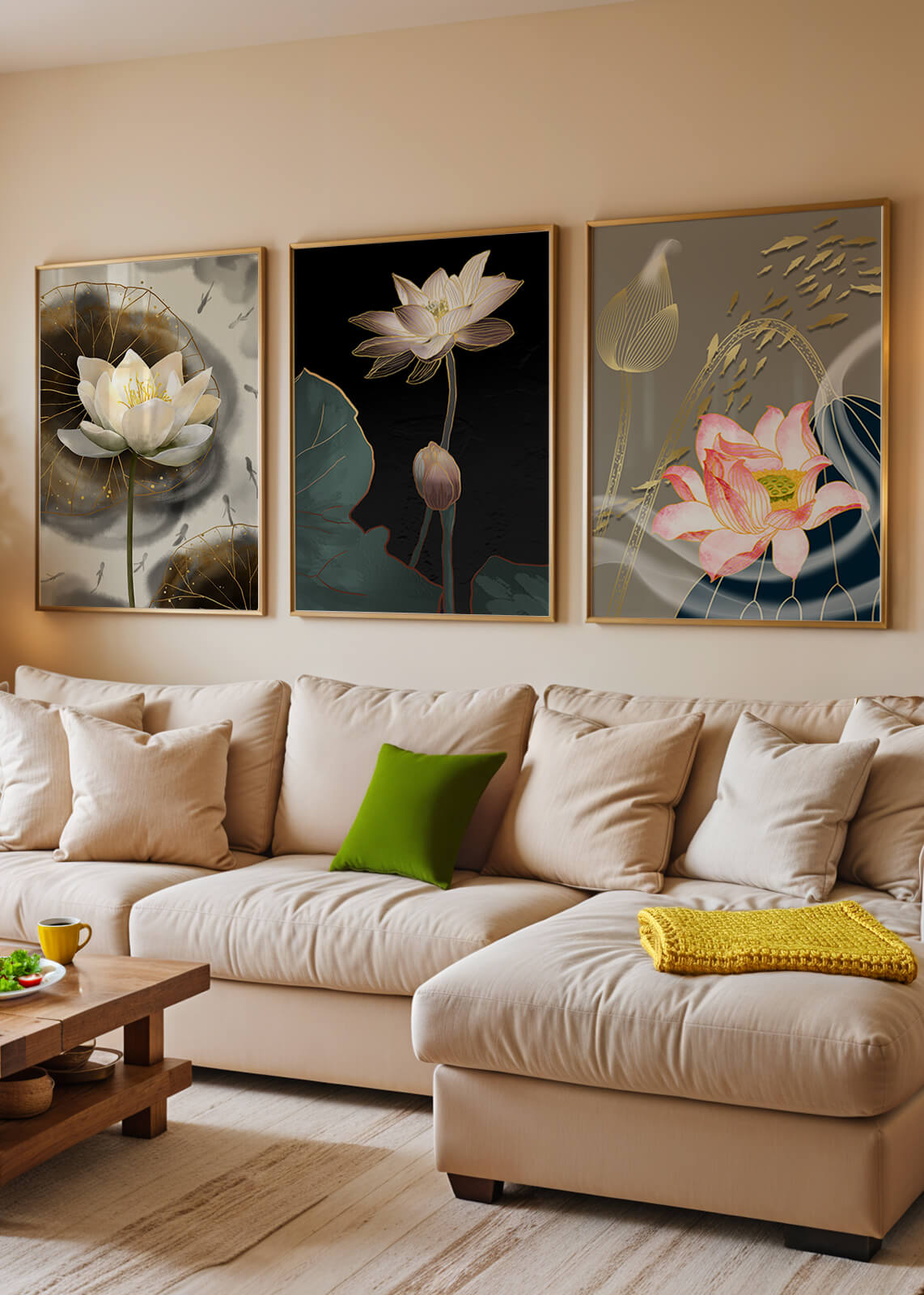 Impressions élégantes de fleurs de lotus avec finition dorée