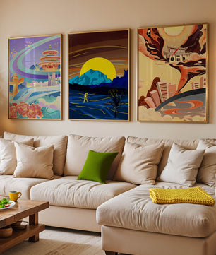 Set aus abstrakter Kunst mit Landschaften und modernem Design