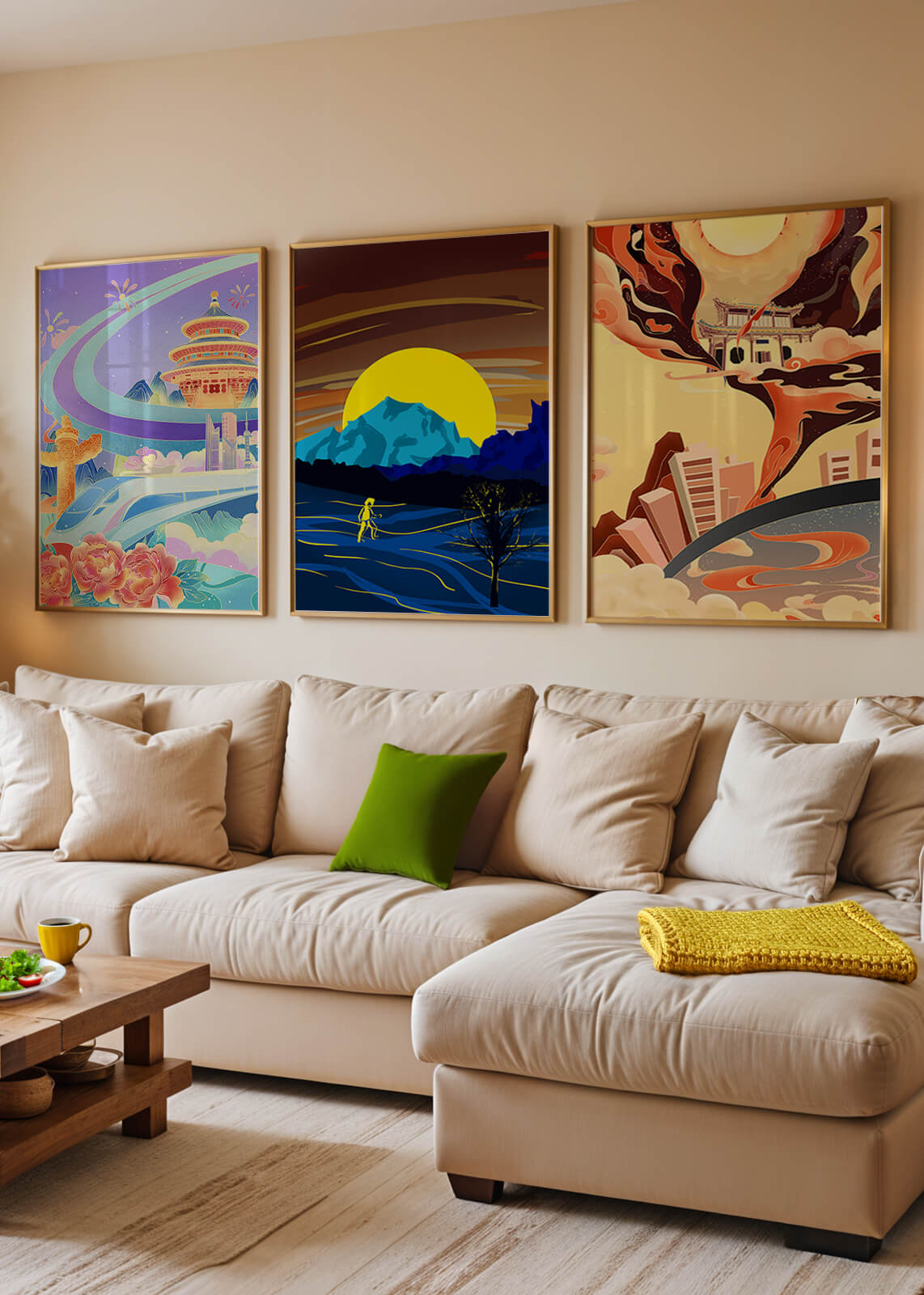 Set aus abstrakter Kunst mit Landschaften und modernem Design