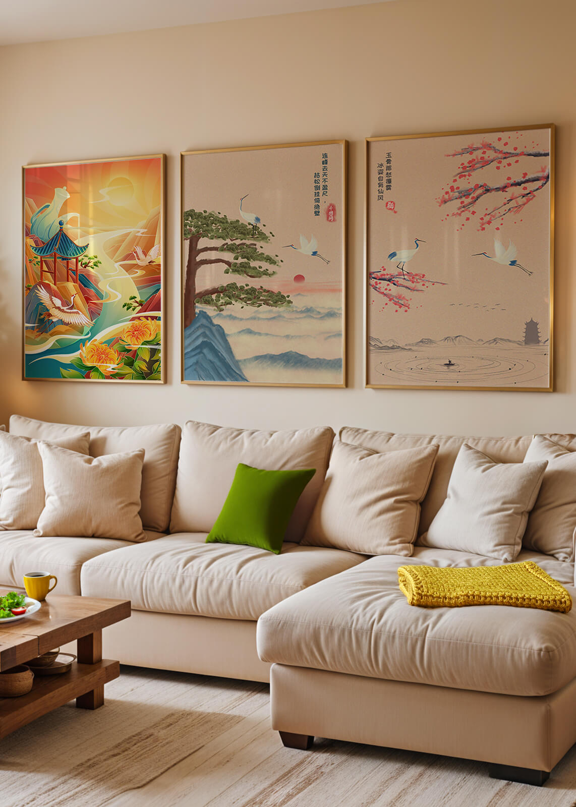 Images de paysages orientaux avec des grues et des dragons