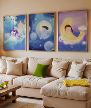 Images enfantines de rêves en couleurs pastel avec lune et nuages
