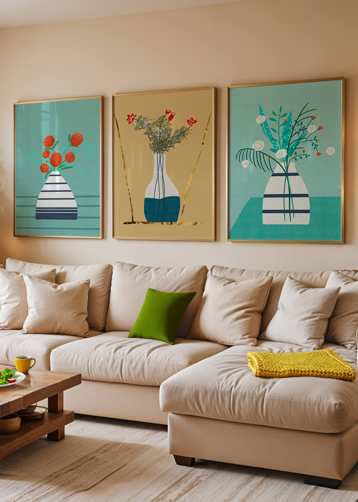 Conjunto de Tres Imágenes de Jarrones con Flores en Colores Pastel y Fondo Neutro