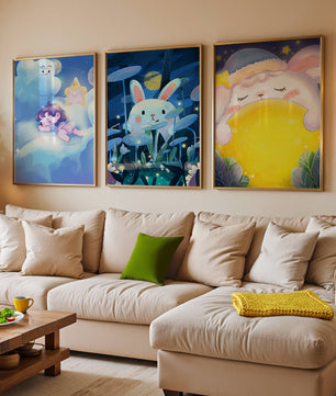 Illustrations de lapin et d'enfant dans un environnement nocturne