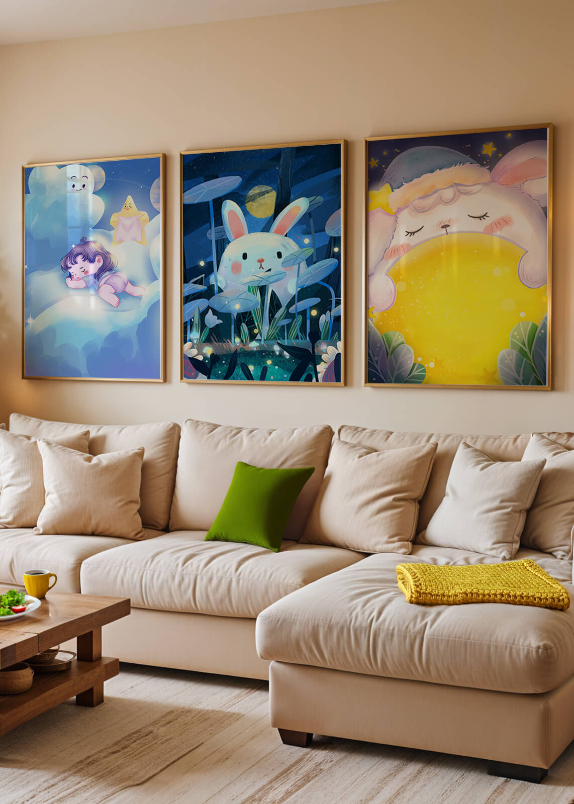 Illustrations de lapin et d'enfant dans un environnement nocturne