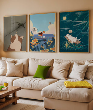 Triptyque d’Art avec Animaux et Paysages Illustrés
