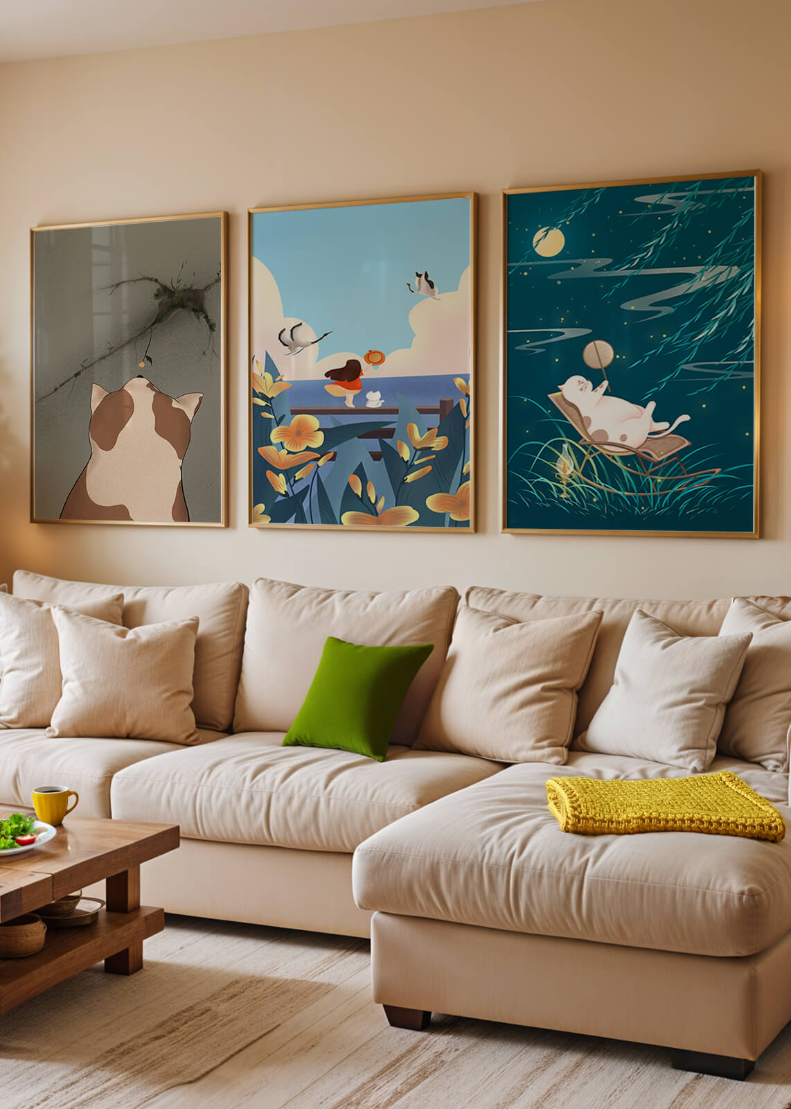 Tríptico de Arte con Animales y Paisajes Ilustrados