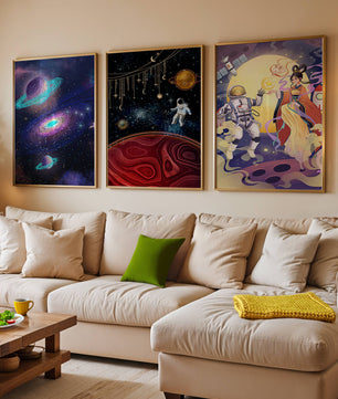 Triptyque d'art spatial avec astronautes en impression de haute qualité