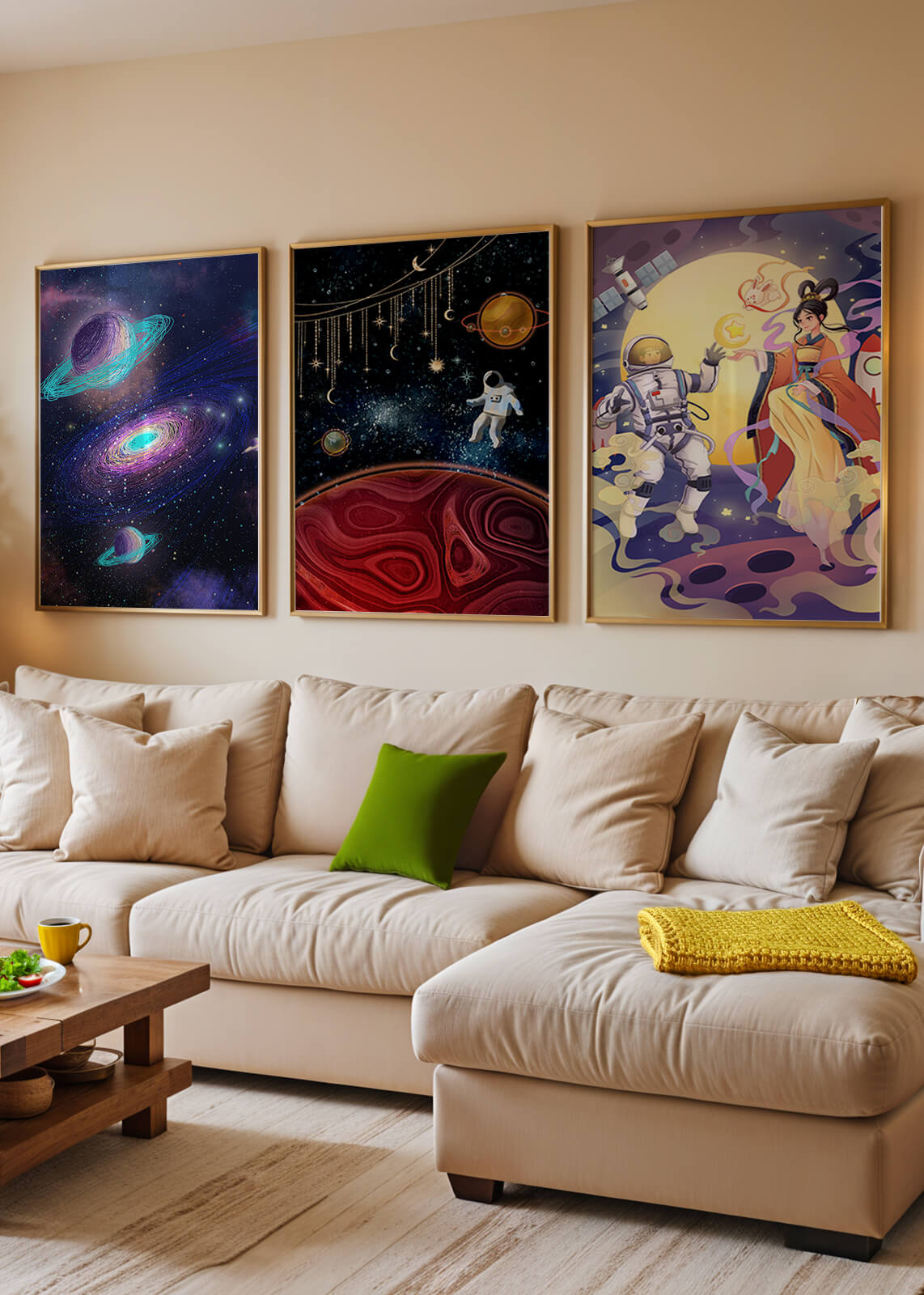 Tríptico De Arte Espacial Con Astronautas En Impresión De Alta Calidad