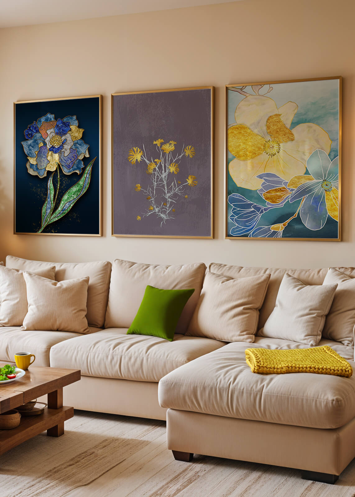 Art floral moderne avec des motifs de fleurs et des éléments dorés