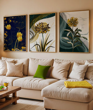 Décoration murale avec fleurs dorées sur des fonds artistiques