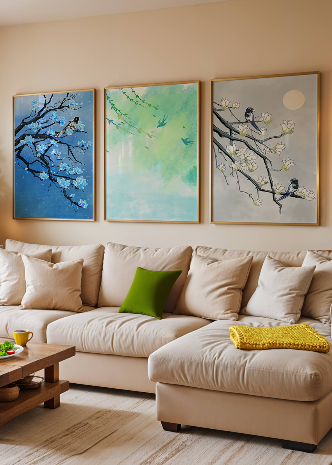 Tríptico Floral con Pájaros en Colores Suaves