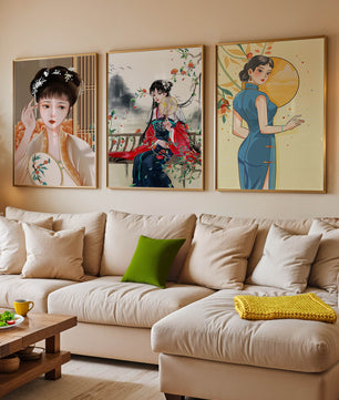 Art numérique avec motifs asiatiques et illustrations de femmes