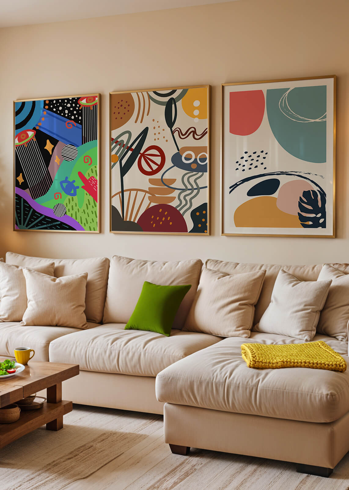 Ensemble de toiles abstraites modernes avec cadres en bois