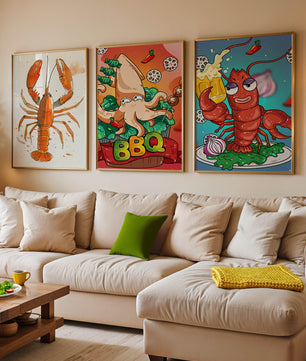 Affiches de fruits de mer amusants dans un style illustratif