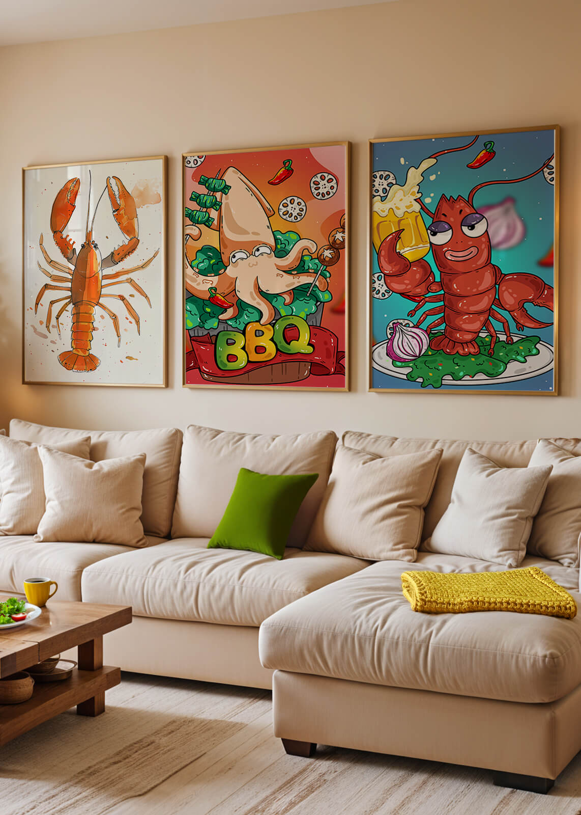 Affiches de fruits de mer amusants dans un style illustratif
