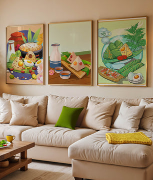 Illustrations de cuisine asiatique dans des cadres en bois