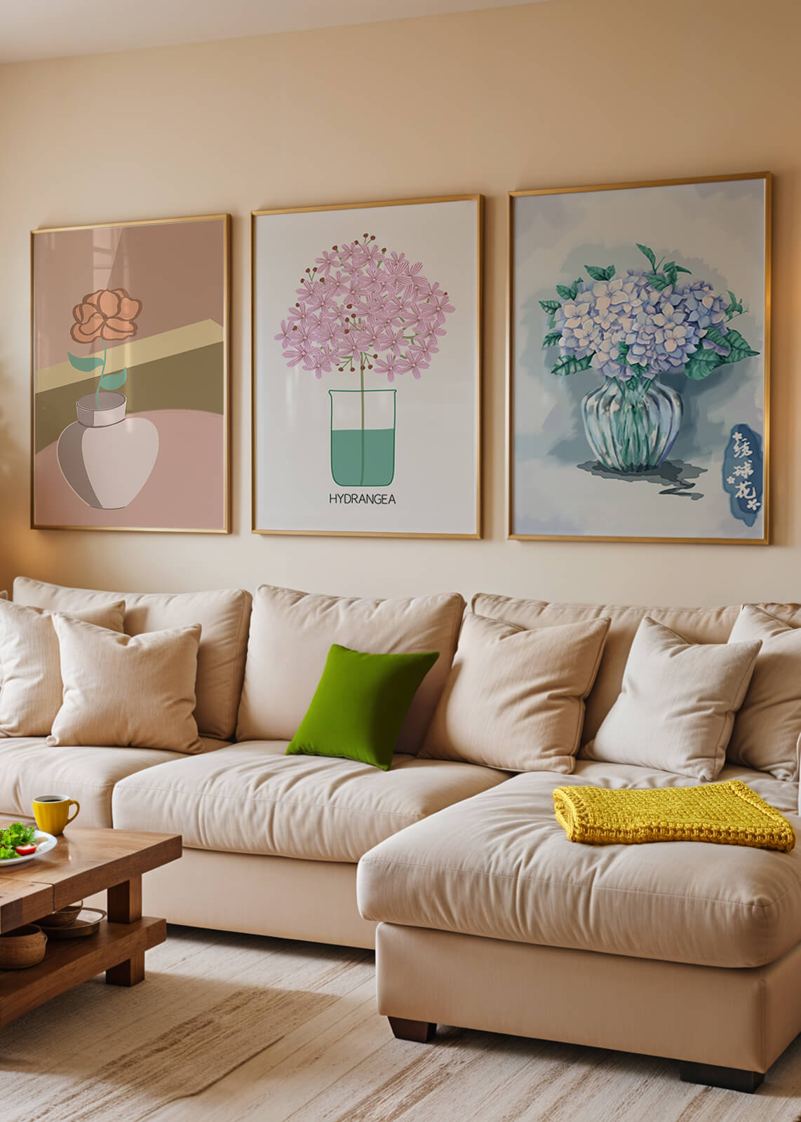 Conjunto De Impresiones Artísticas Con Flores En Marcos De Madera