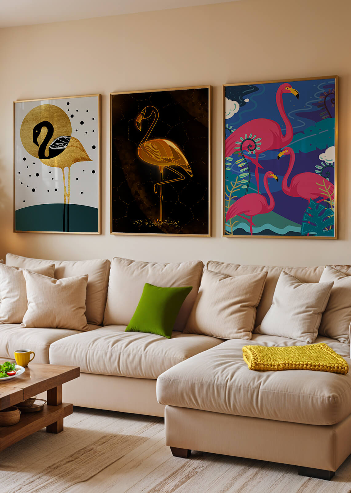 Triptyque de flamants roses avec détails dorés et design moderne
