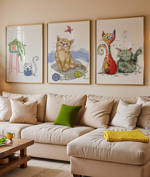 Art illustré de chats dans des cadres en bois
