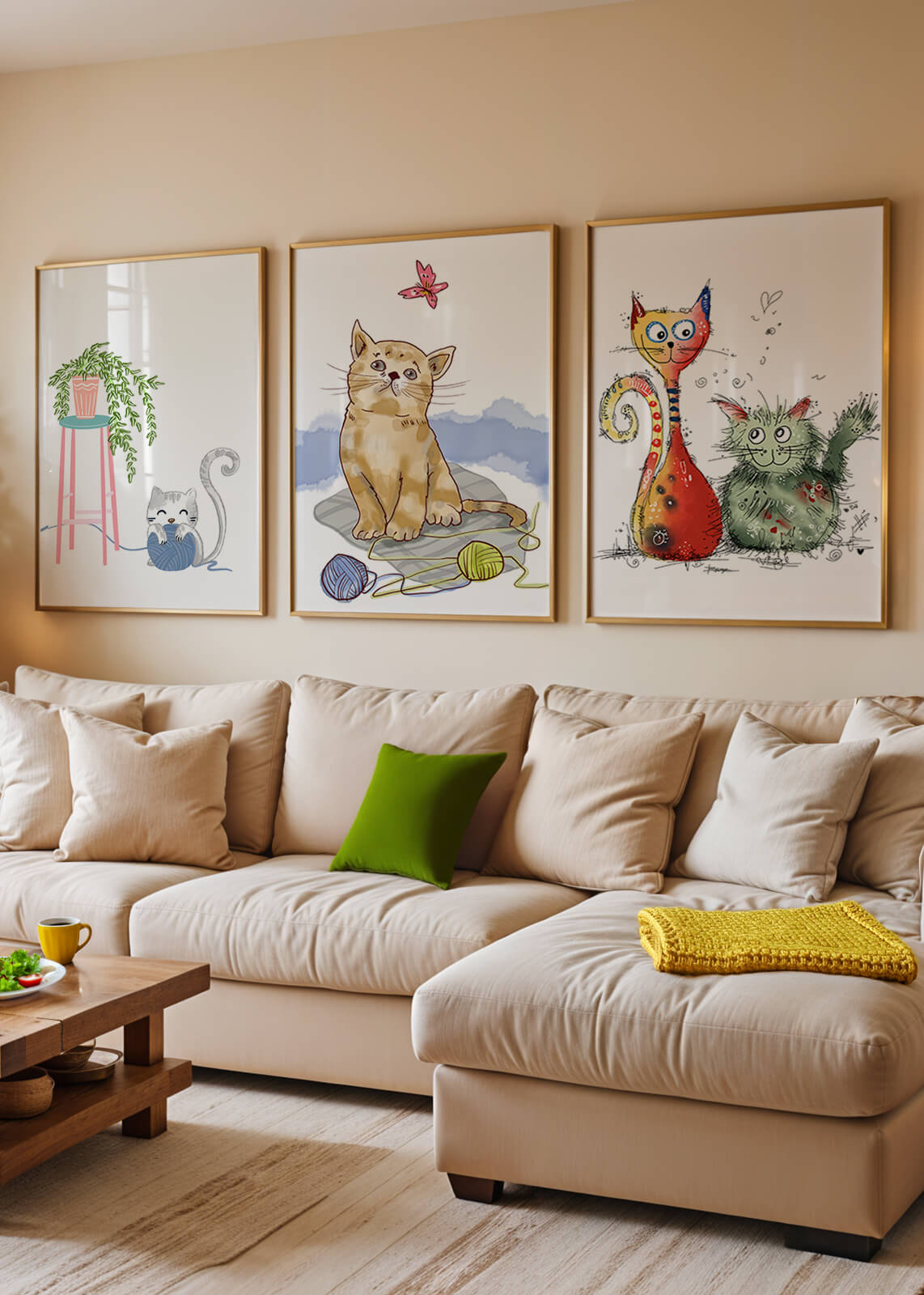 Art illustré de chats dans des cadres en bois