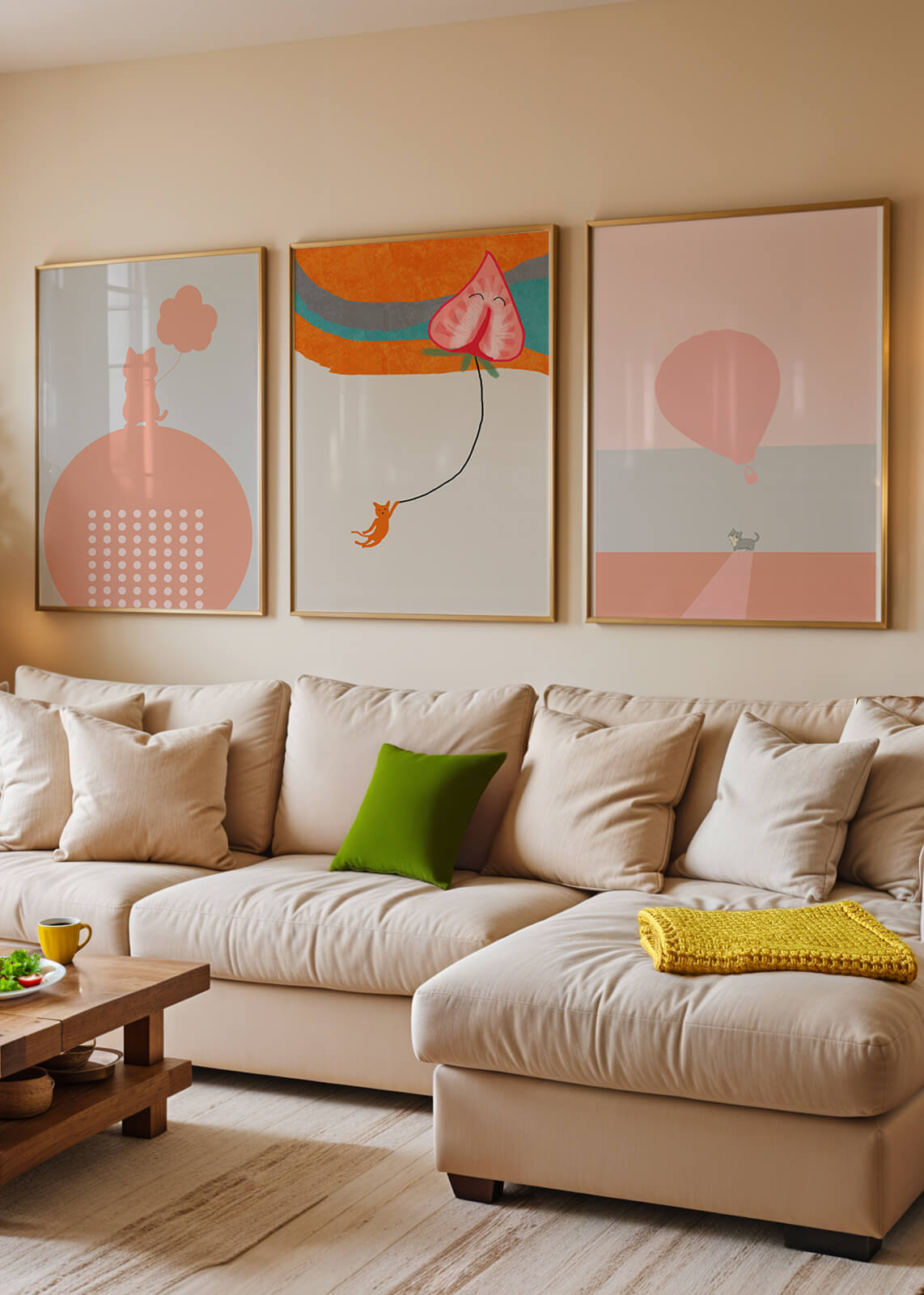 Triptyque d’art minimaliste avec des chats et des ballons