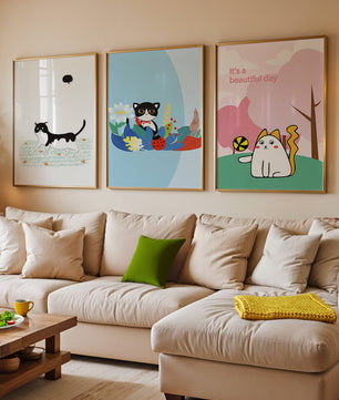 Pósters Coloridos con Gatos en Estilo Ilustrado para Decoración