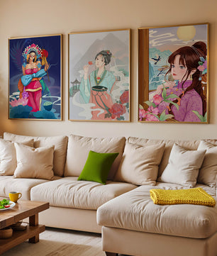 Moderne asiatische Kunst mit Frauen und Natur